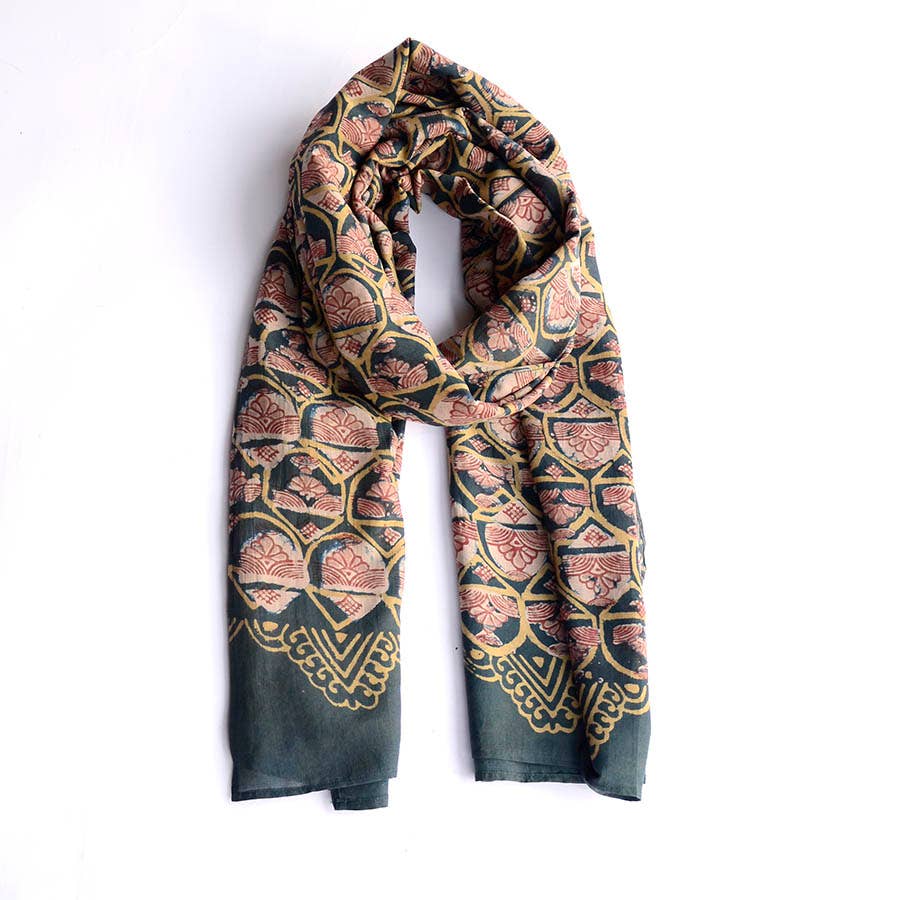 Cotton Silk Large Handmade Indian Block Print Scarf |Emerald