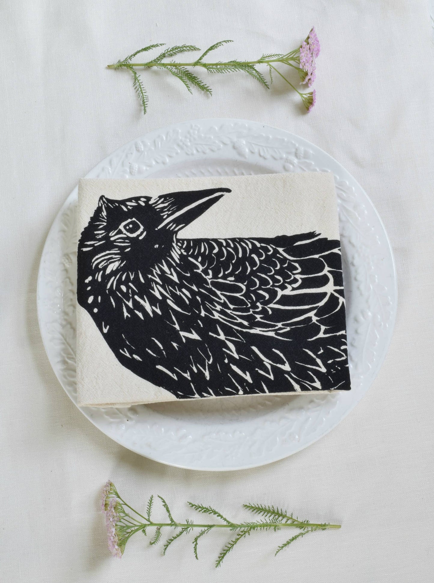 Organic Cotton Crow Tea Towel - Black - Raven Print - Bird