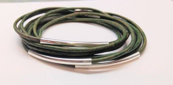 Distressed Green Oiginal Leather Wrap Bracelets