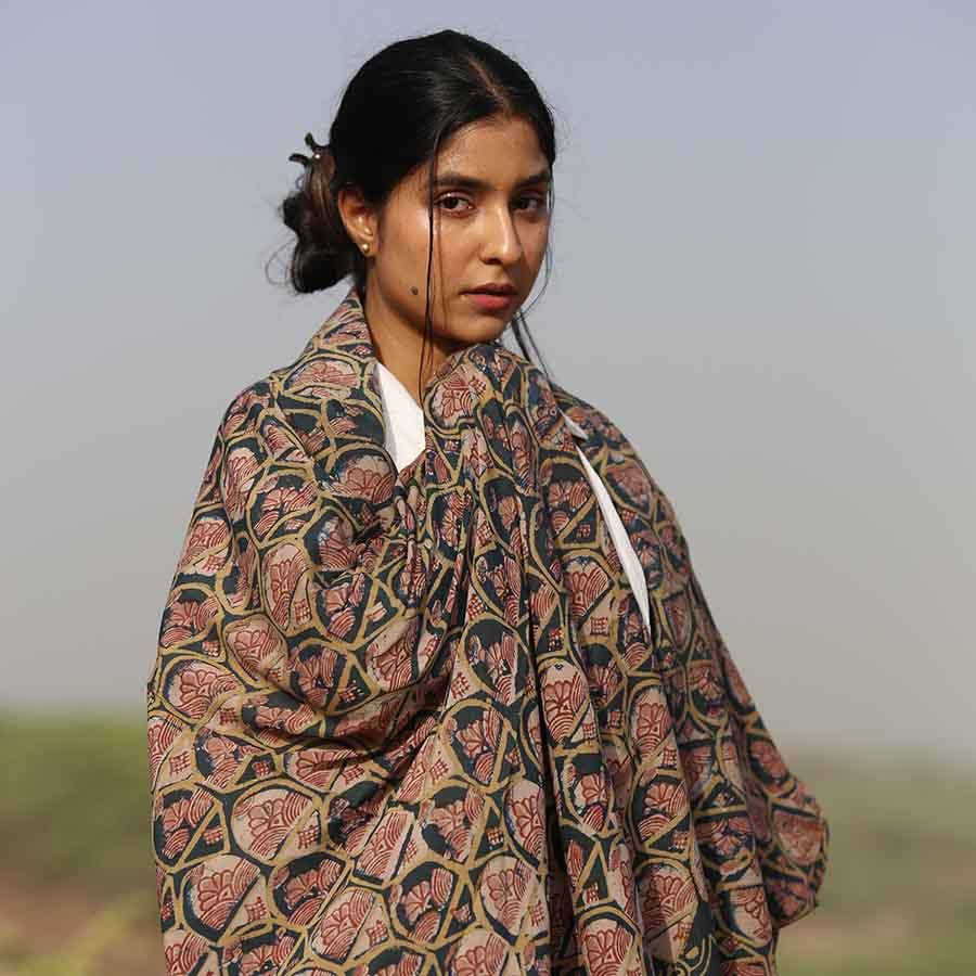 Cotton Silk Large Handmade Indian Block Print Scarf |Emerald