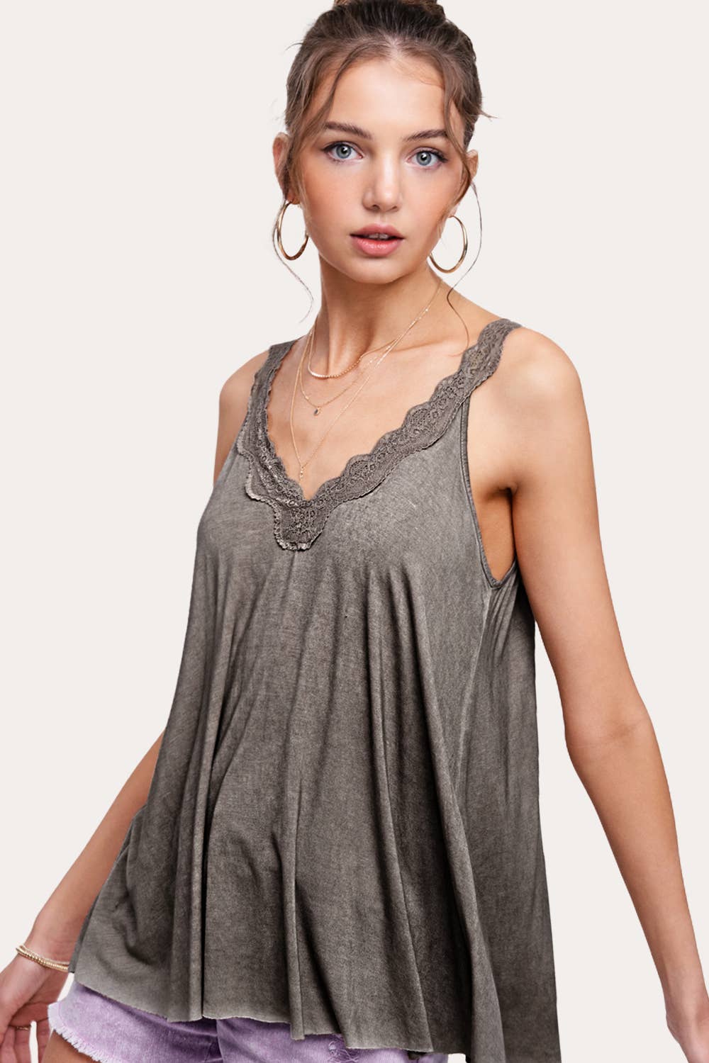 HBT7606-Stretchy Dyed Fabric Back Detailed Lace Camisole