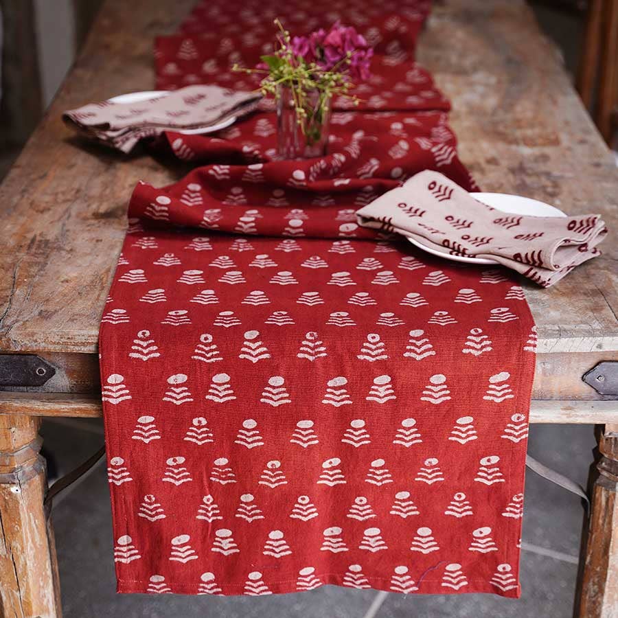 Red Block Print Hand Woven Cotton Table Runner | Genda Phool