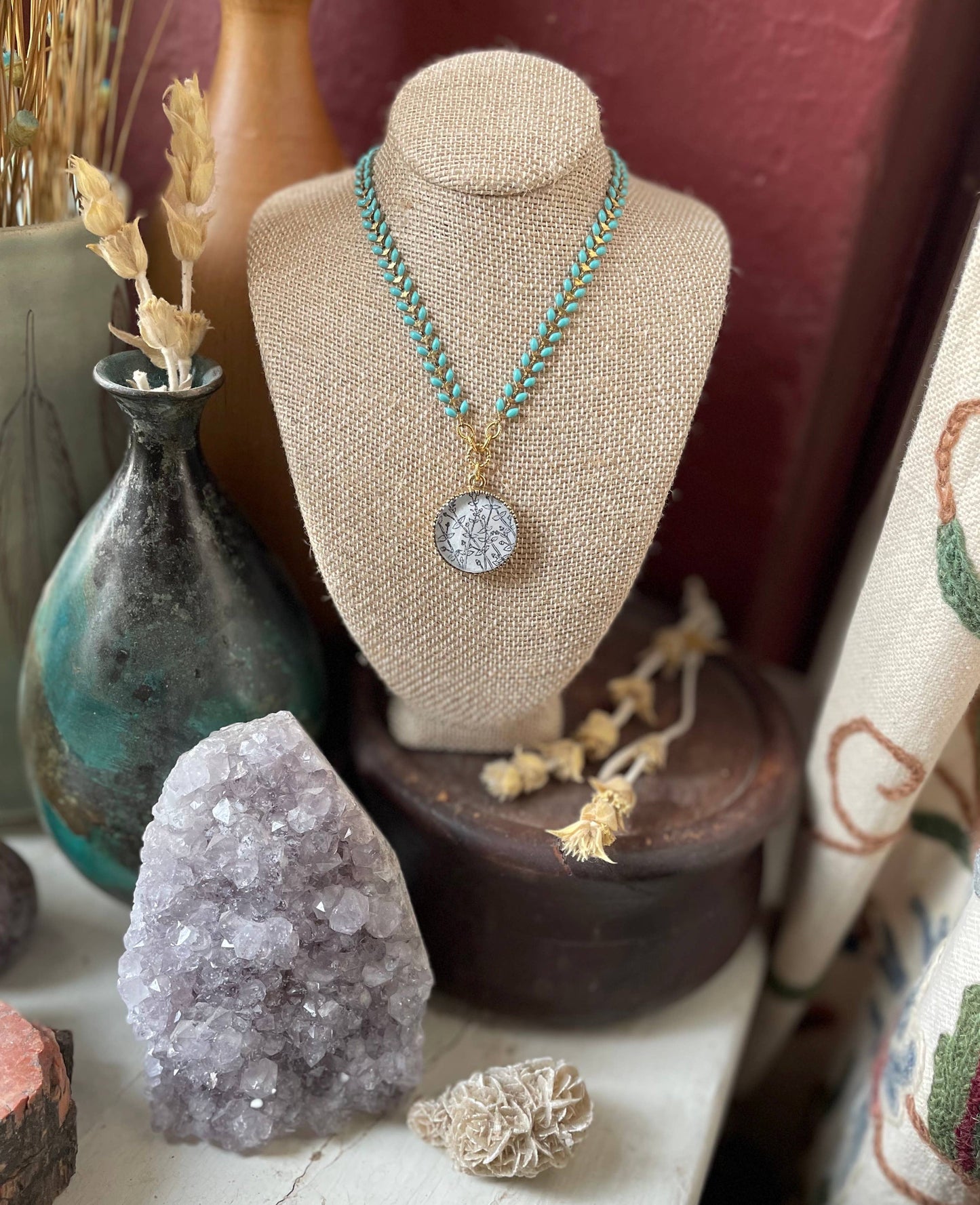 Chevron Baby Blue necklace - gold, b&w botanical pendant