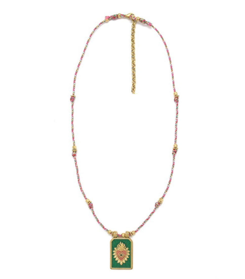Gold and Green/Pink Flaming Heart Cord Necklace - N2-2602