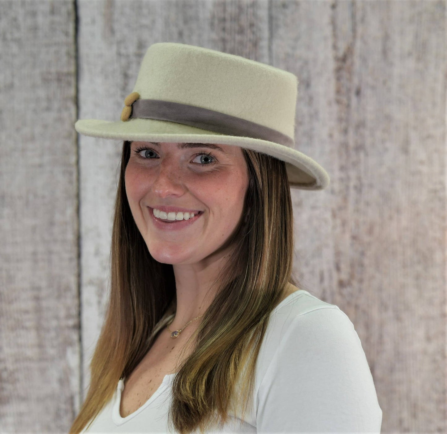 22S-1021 Wool Blend Flat Brim Hat with Buttons Accent