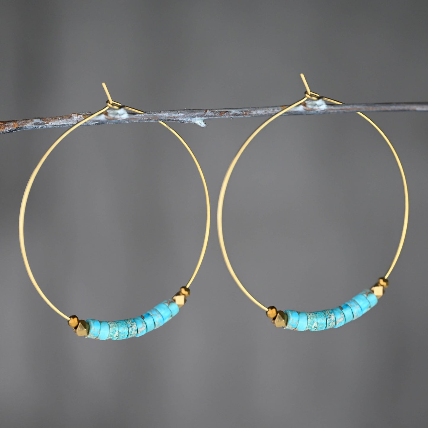 50mm Brass Hoops w/ Turquoise Jasper Earrings