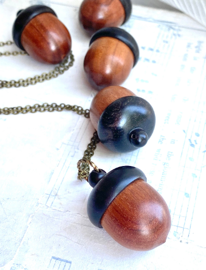 Acorn Locket Necklace Wood Acorn Keepsake Box 22 inch chain