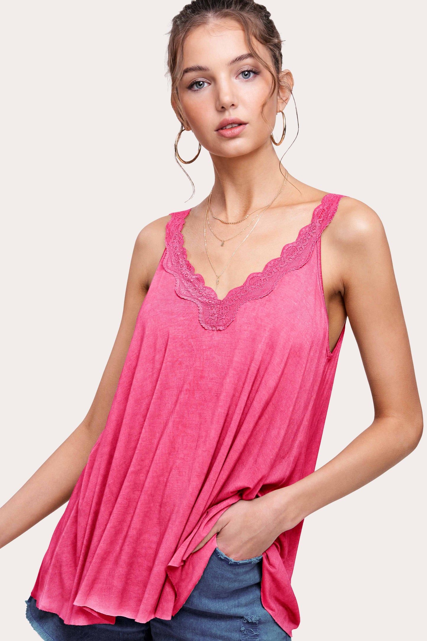 Stretchy Dyed Fabric Back Detailed Lace Camisole