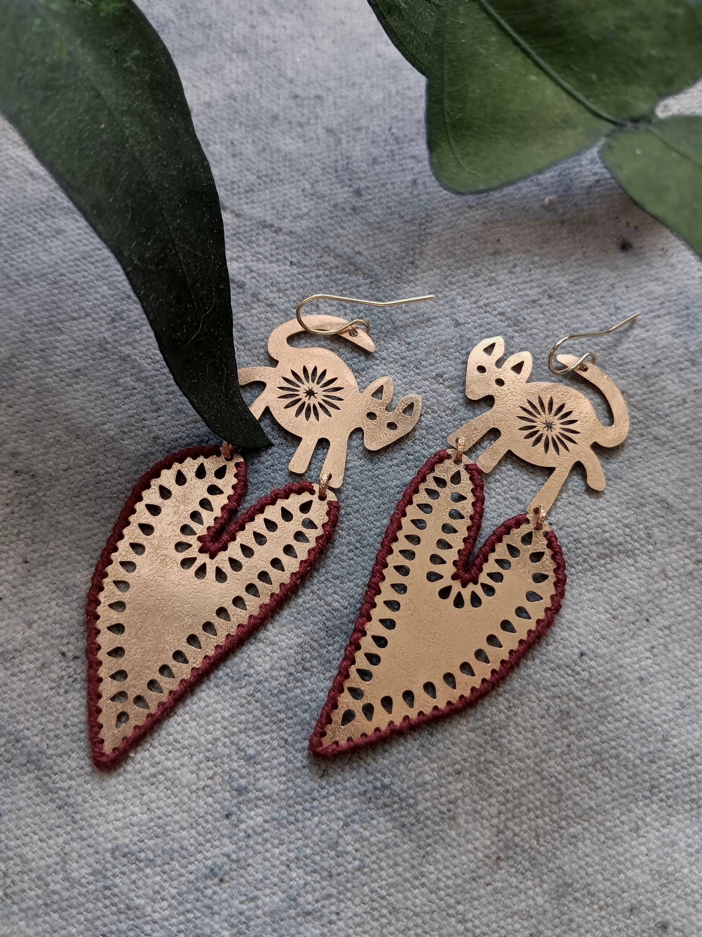 Handmade brass fox heart earrings, symbolic bohemian jewelry