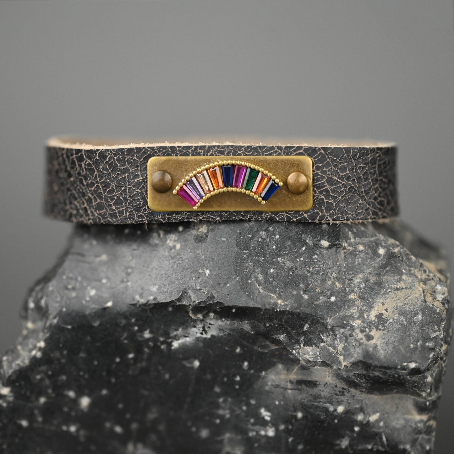 Leather Stacker Cuff w/ Brass Rainbow & Colorful Crystals