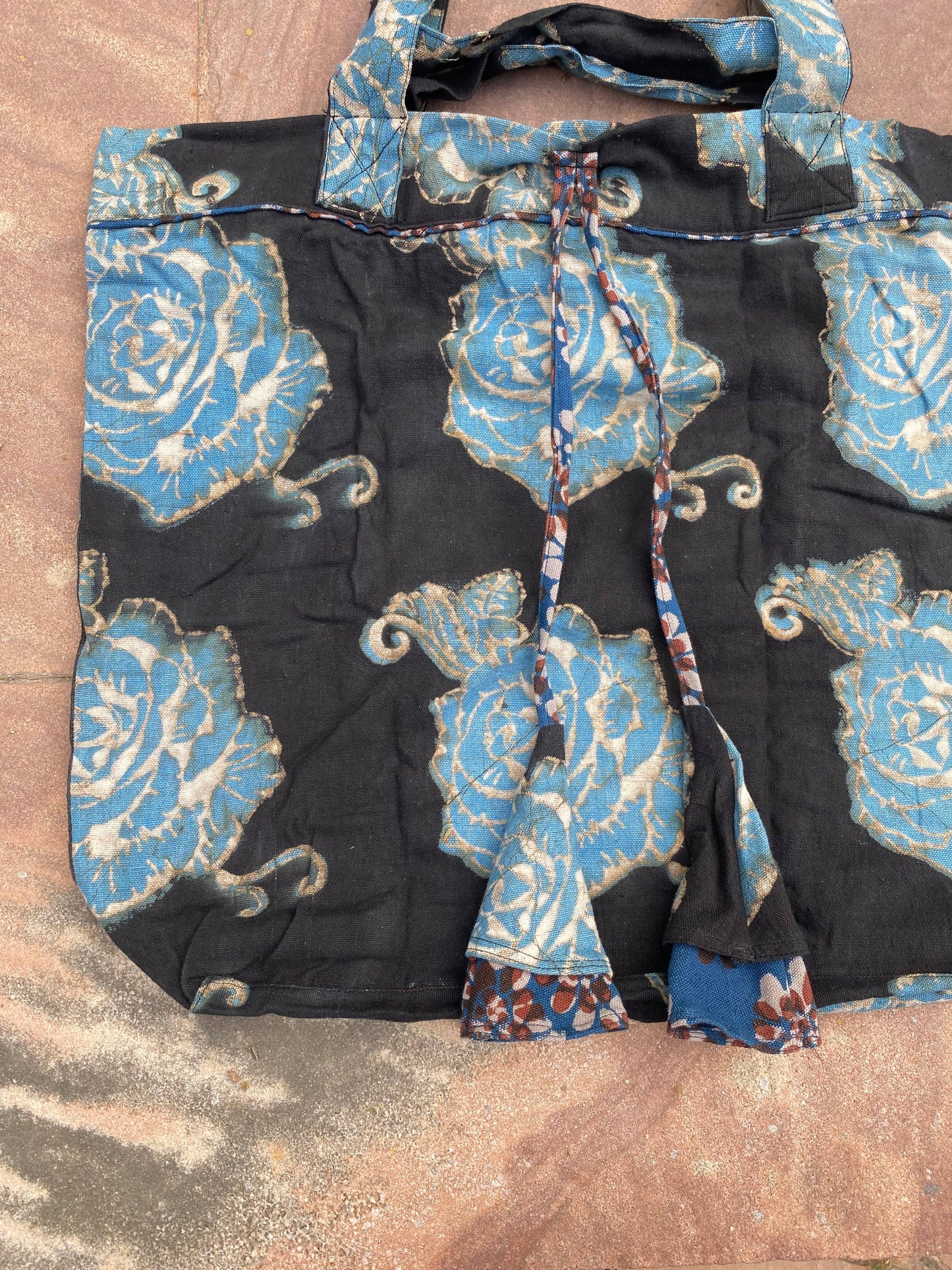 Black Large Organic Cotton Blockprinted Bag - Roses