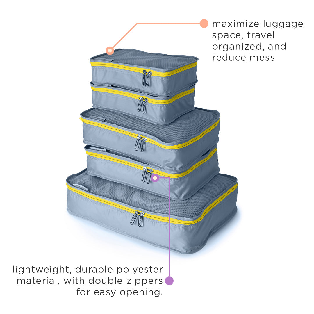 packing (and unpacking) with mumi cubes.
maximize luggage space, travel organized, reduce mess.
lightweight, durable polyester material, double zippers for easy opening.