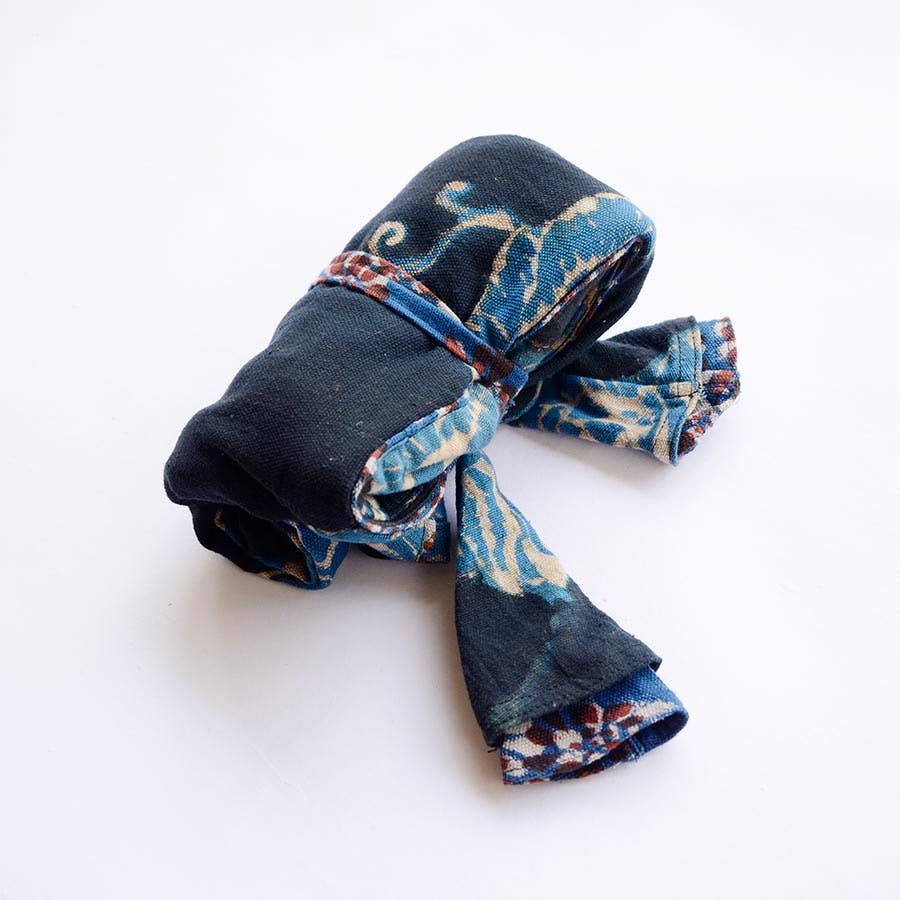 Black Large Organic Cotton Blockprinted Bag - Roses