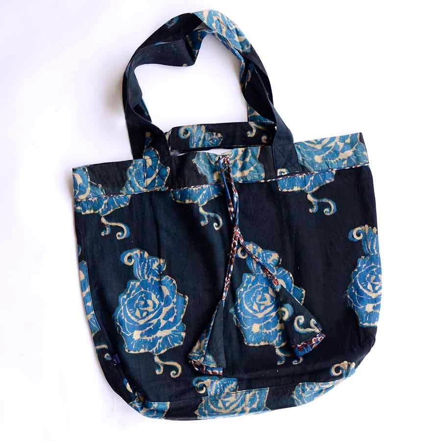 Black Large Organic Cotton Blockprinted Bag - Roses