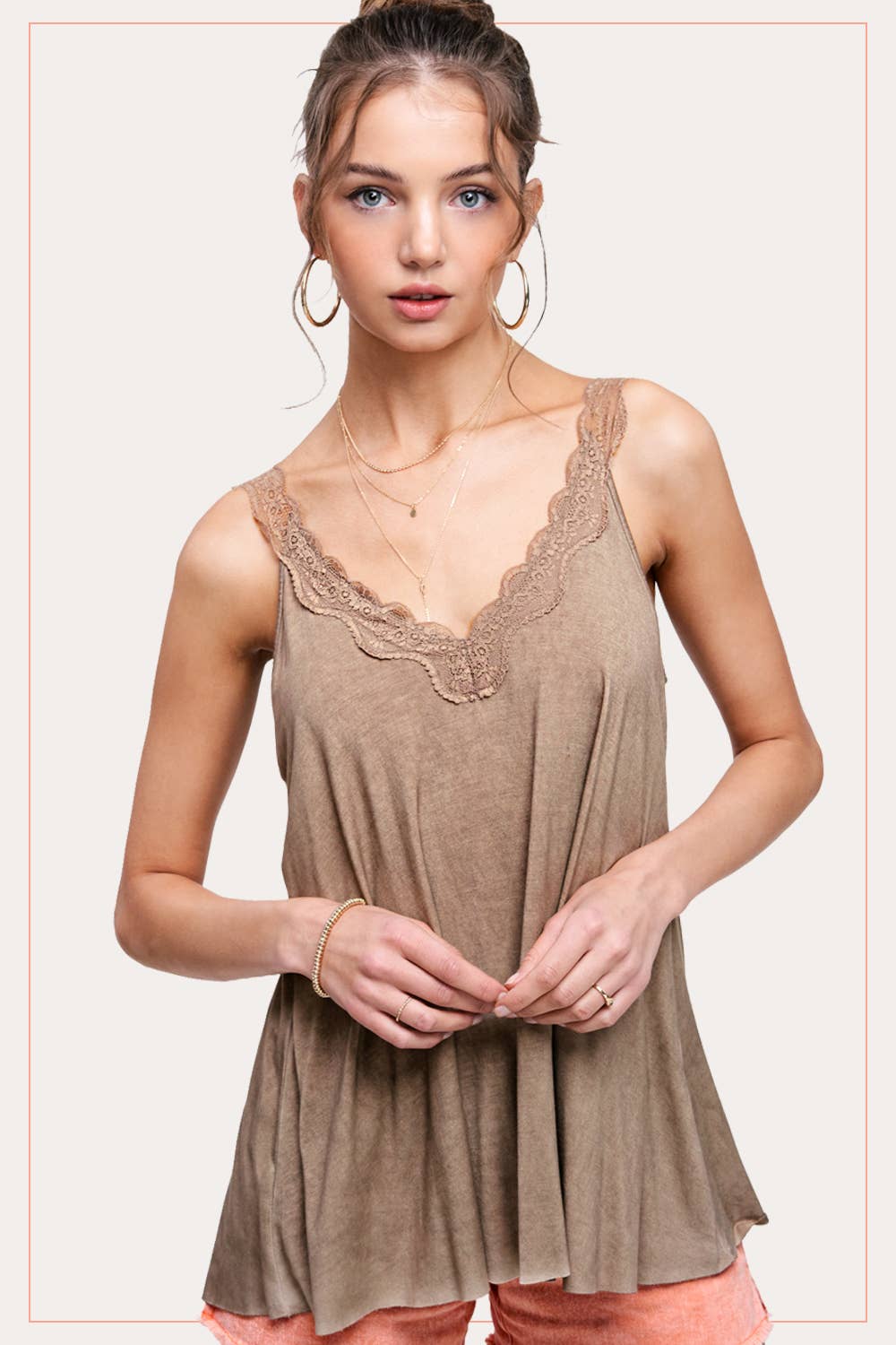HBT7606-Stretchy Dyed Fabric Back Detailed Lace Camisole