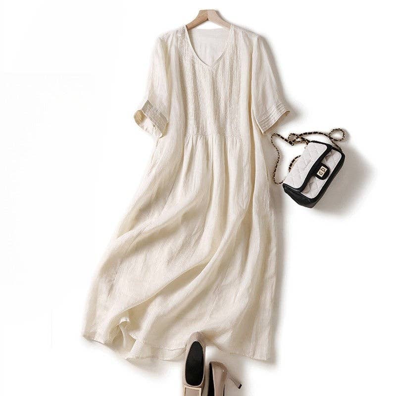 Solid Color V-Neck Pleated Dress With Lining