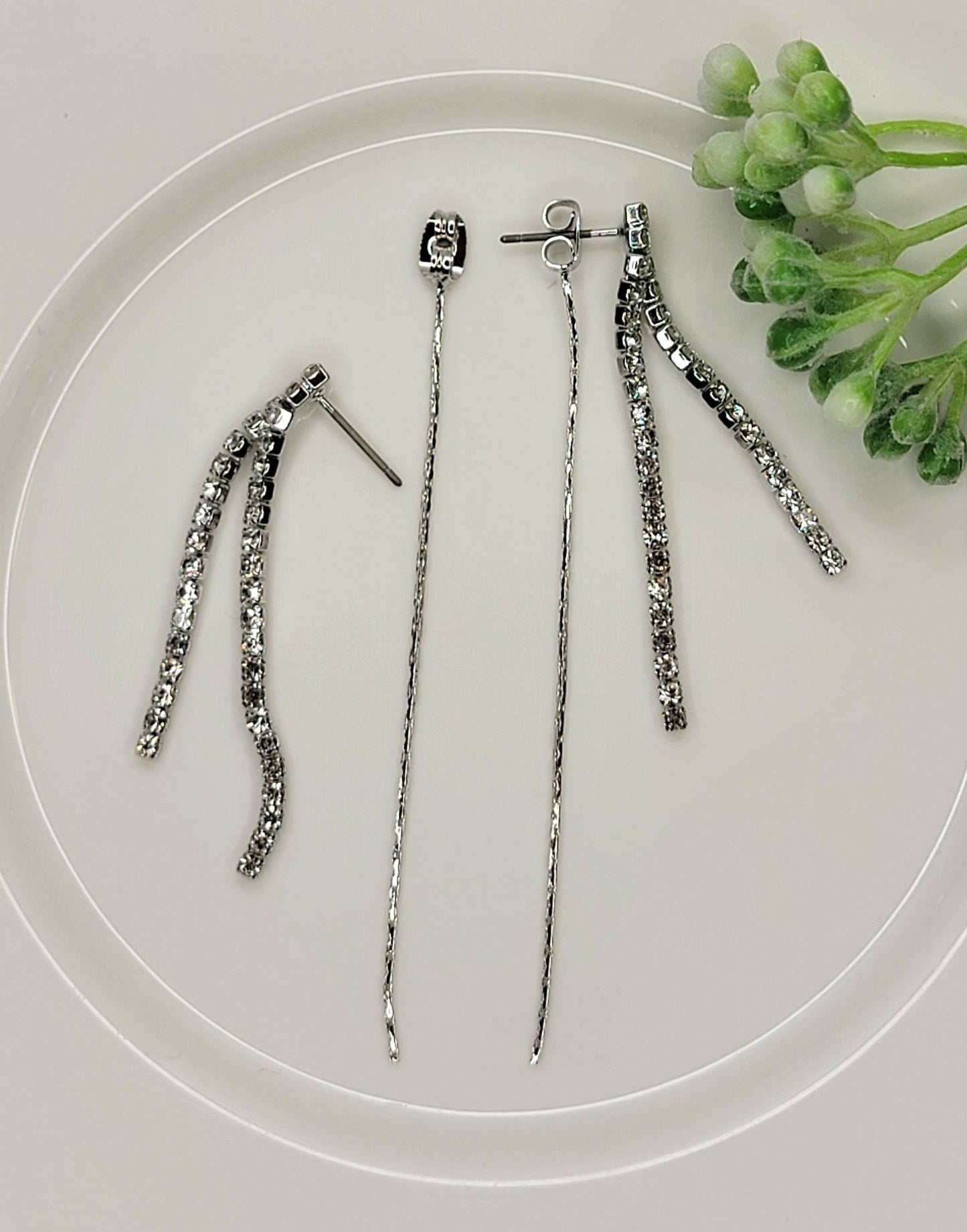 Back Drop Chain W/ Long Dangle Rhinestone Earrings