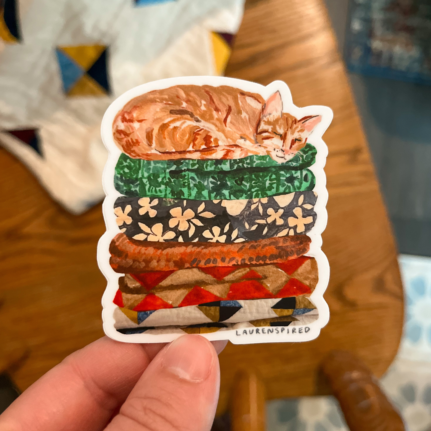 Cute Orange Cat Vinyl Stickers, Quilt sticker, fall sticker