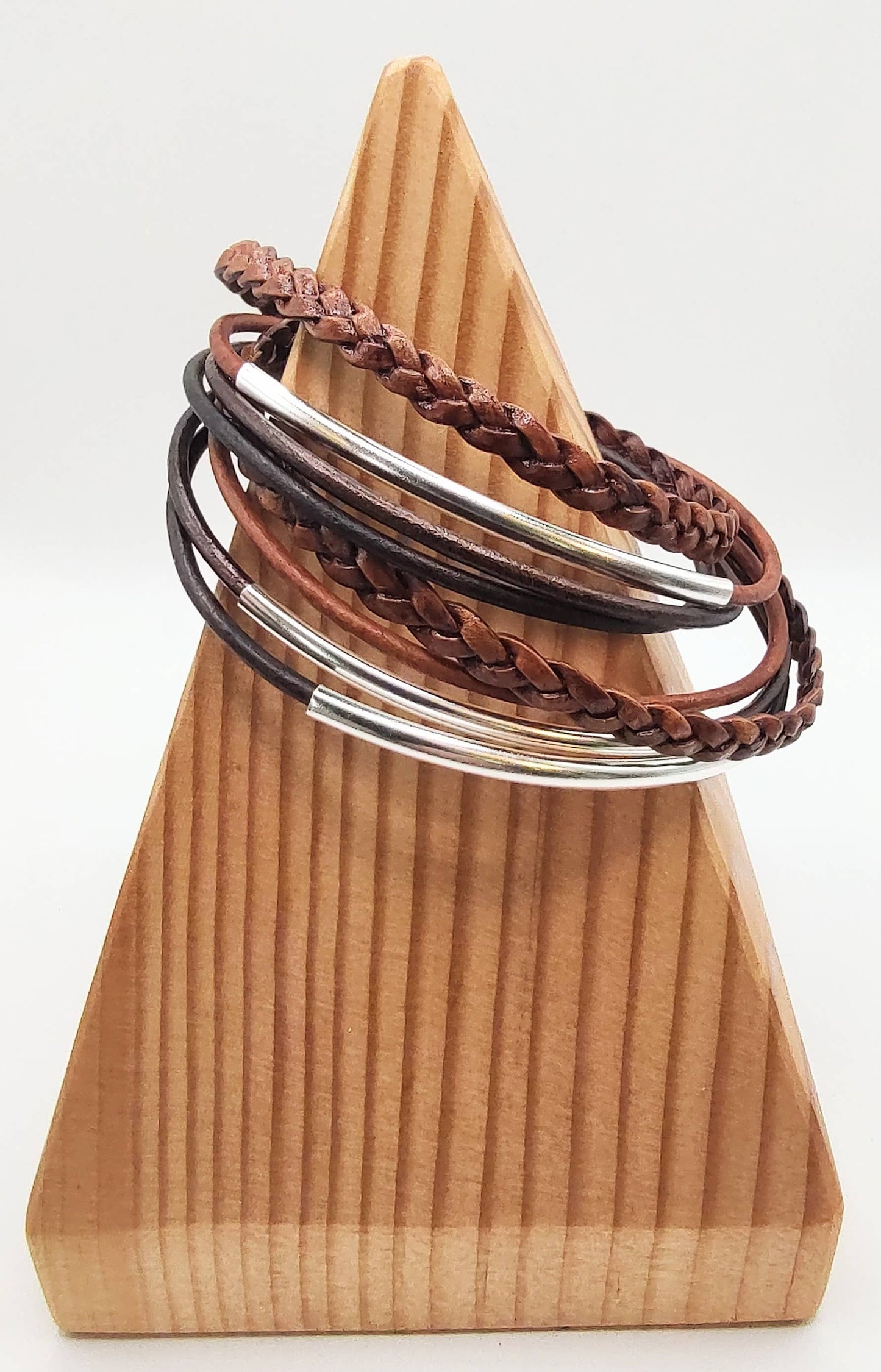 Brown Blend Braided Double Leather Wrap Bracelet