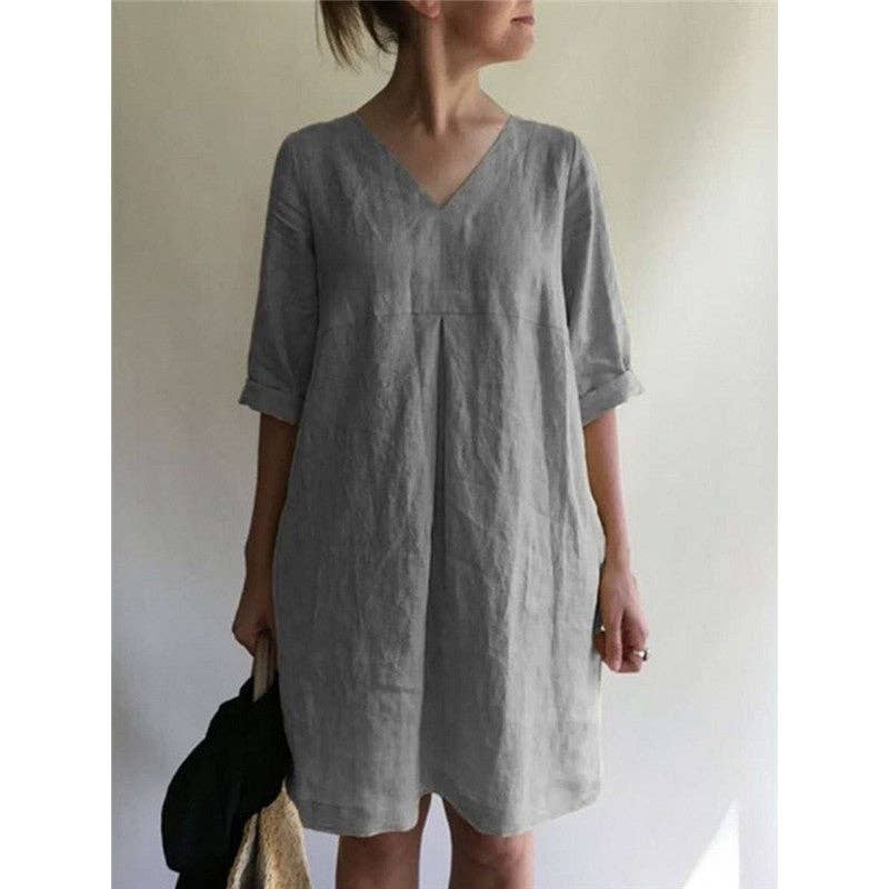 Casual Loose V-Neck Solid Color Dress