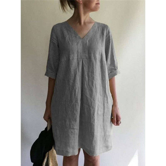 Casual Loose V-Neck Solid Color Dress