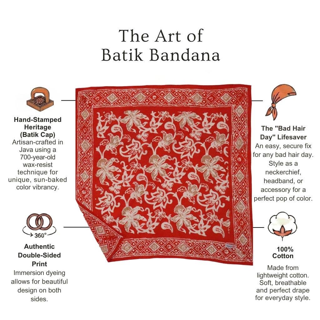 Hand Dyed, Batik Bandana, Fiery Flora, Red, Flower