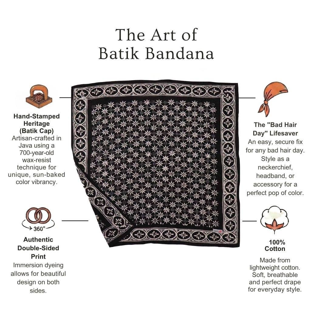 Hand Dyed Batik Bandana, 100% Soft Cotton, Black Mirage