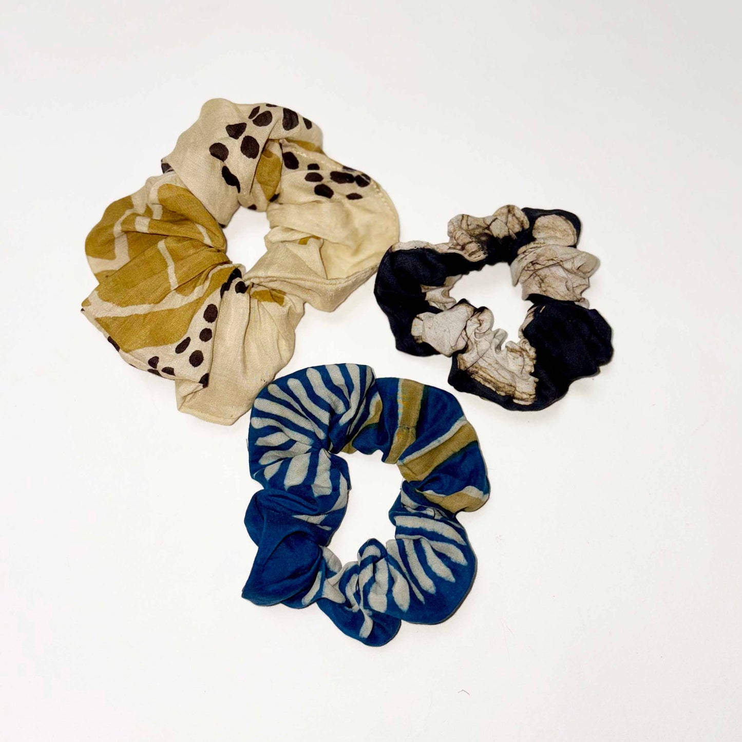 Set of 3 Cotton Silk Scrunchies Handmade Hair Ties (S, M, L)