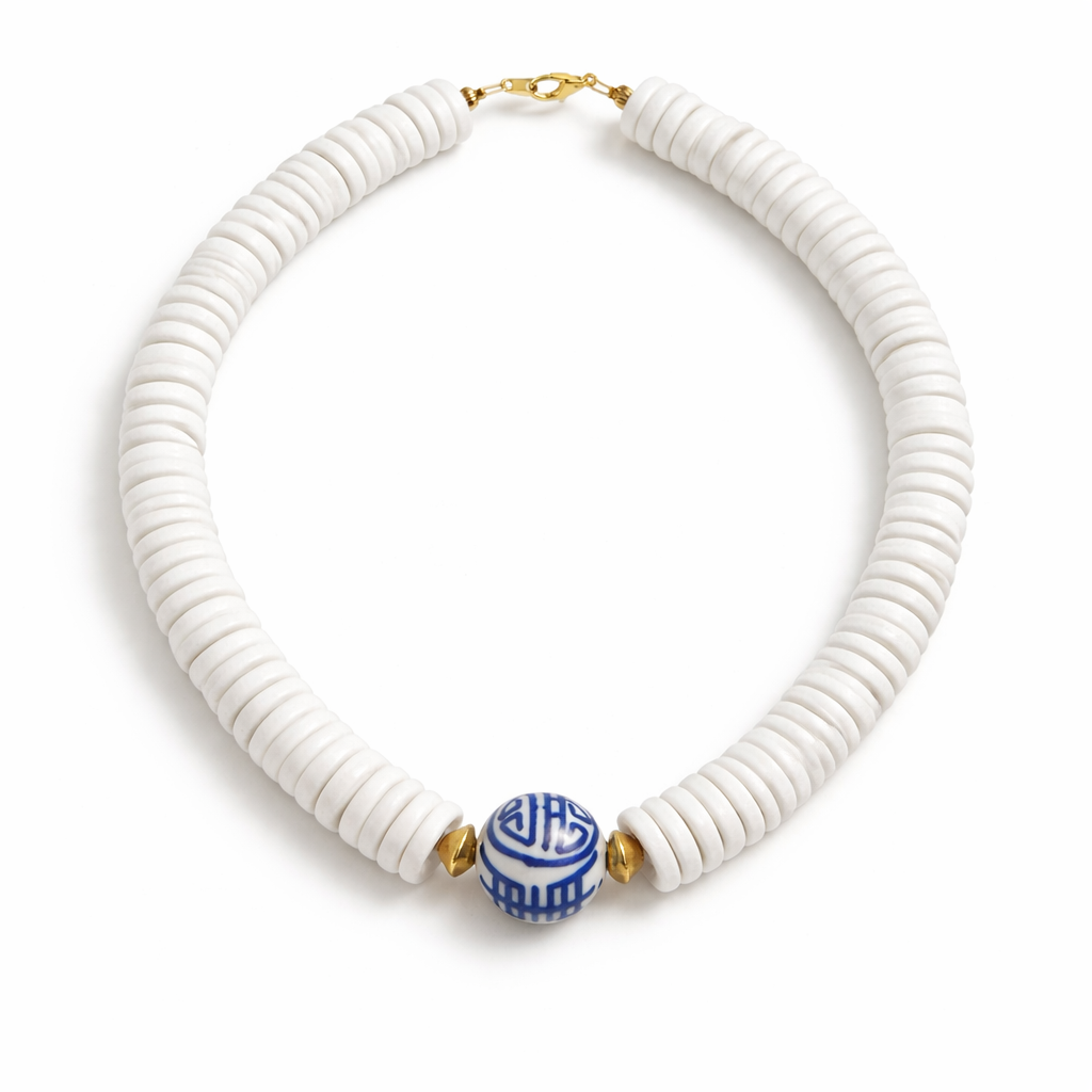 White collar necklace porcelain pendant chinoiserie 