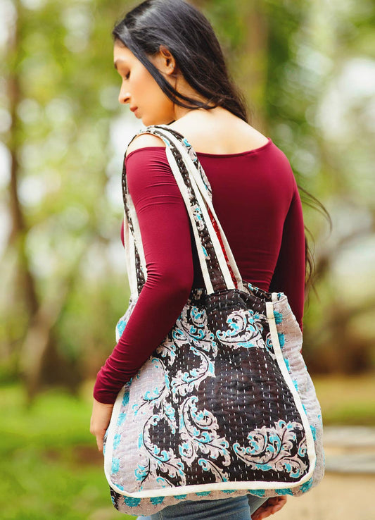 Black Kantha Market Tote Bags