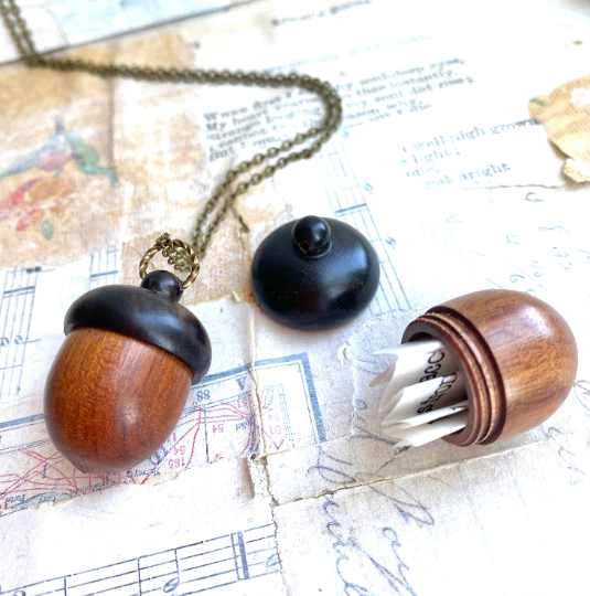 Acorn Locket Necklace Wood Acorn Keepsake Box 22 inch chain