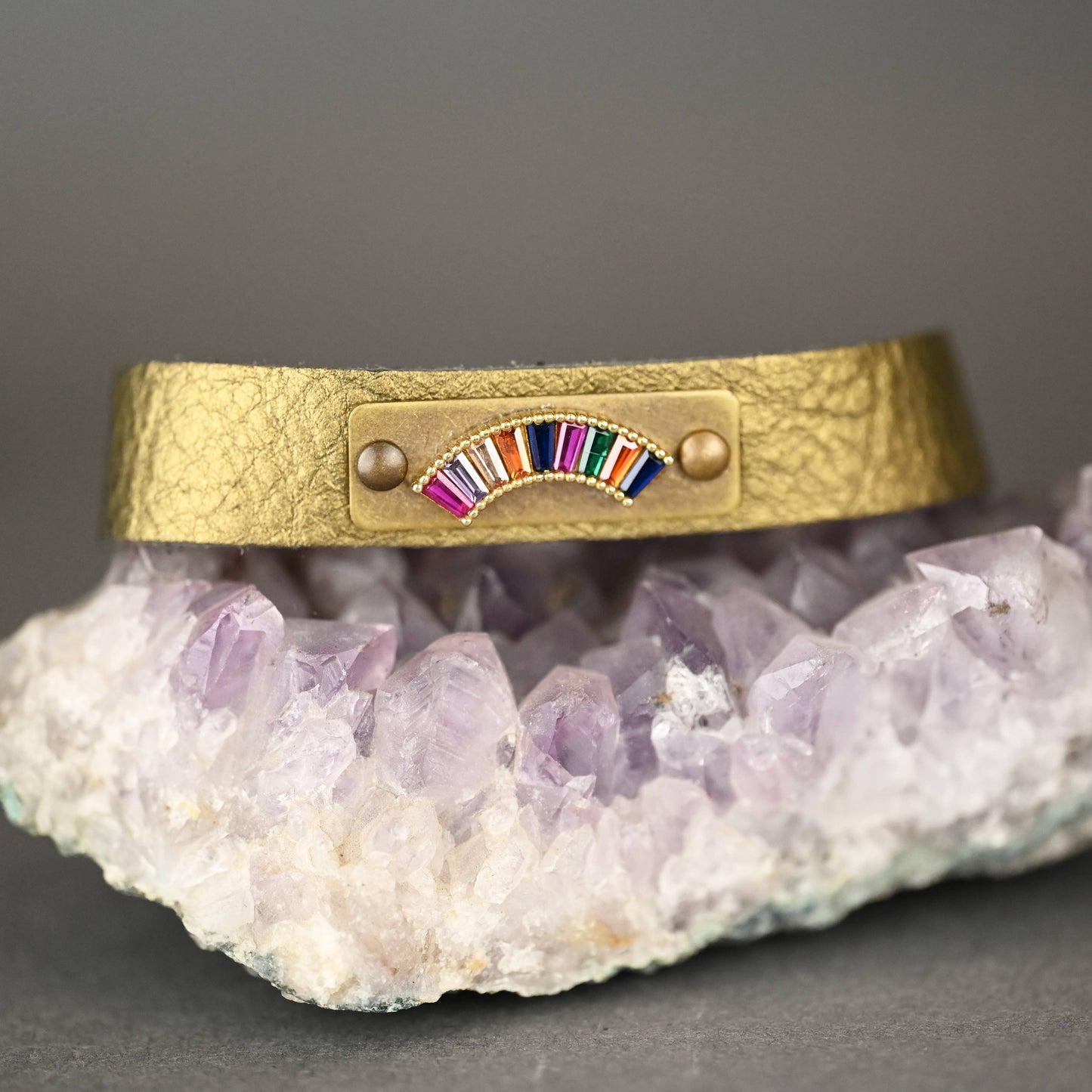 Leather Stacker Cuff w/ Brass Rainbow & Colorful Crystals