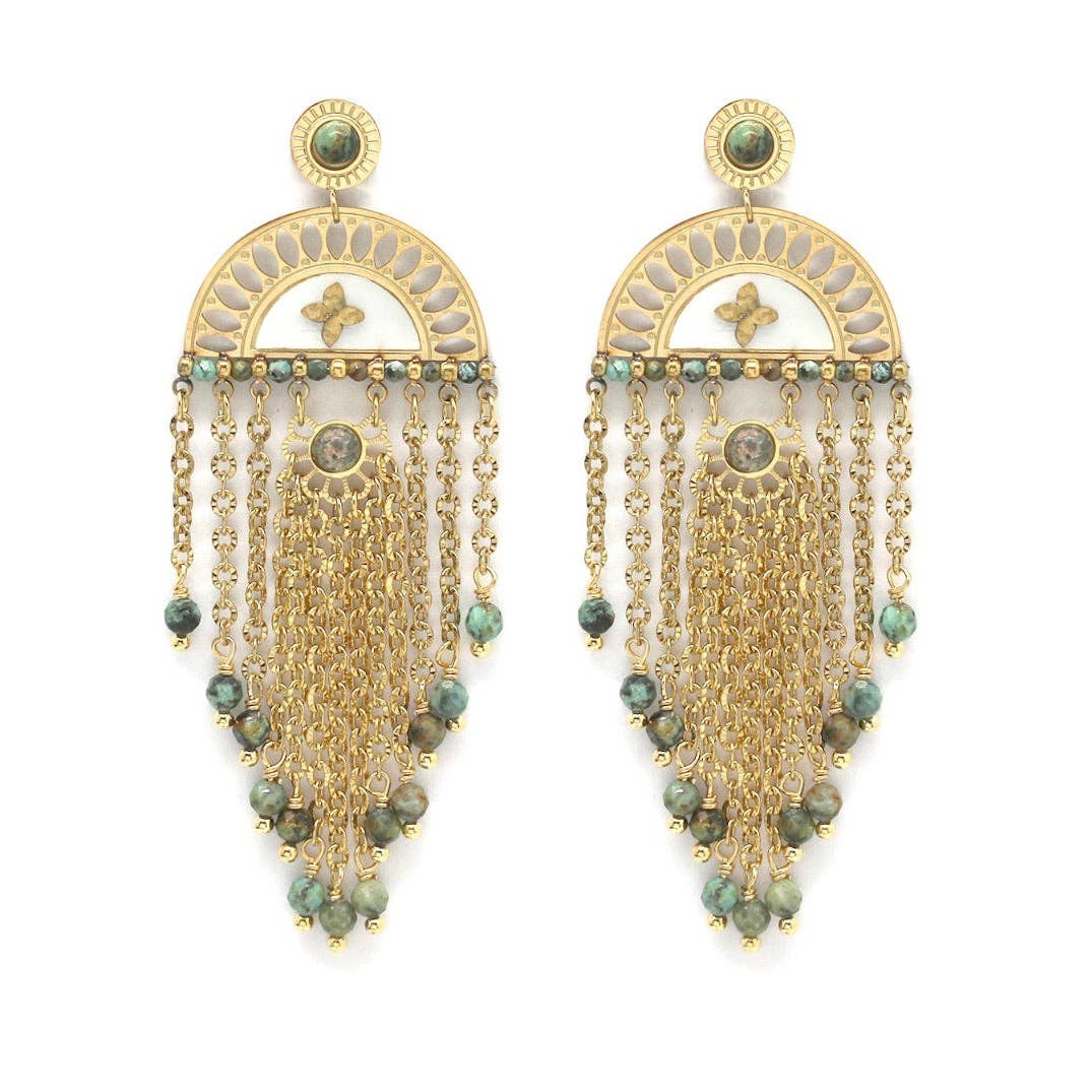 Fan and Fringe African Turquoise Dangle Earrings - E4-317