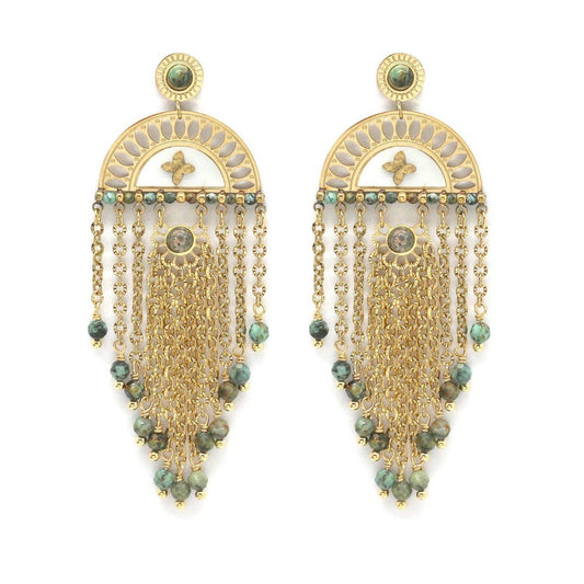 Fan and Fringe African Turquoise Dangle Earrings - E4-317