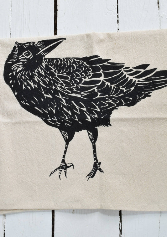 Organic Cotton Crow Tea Towel - Black - Raven Print - Bird