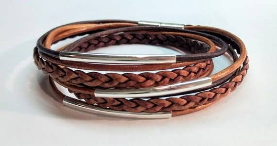 Brown Blend Braided Double Leather Wrap Bracelet