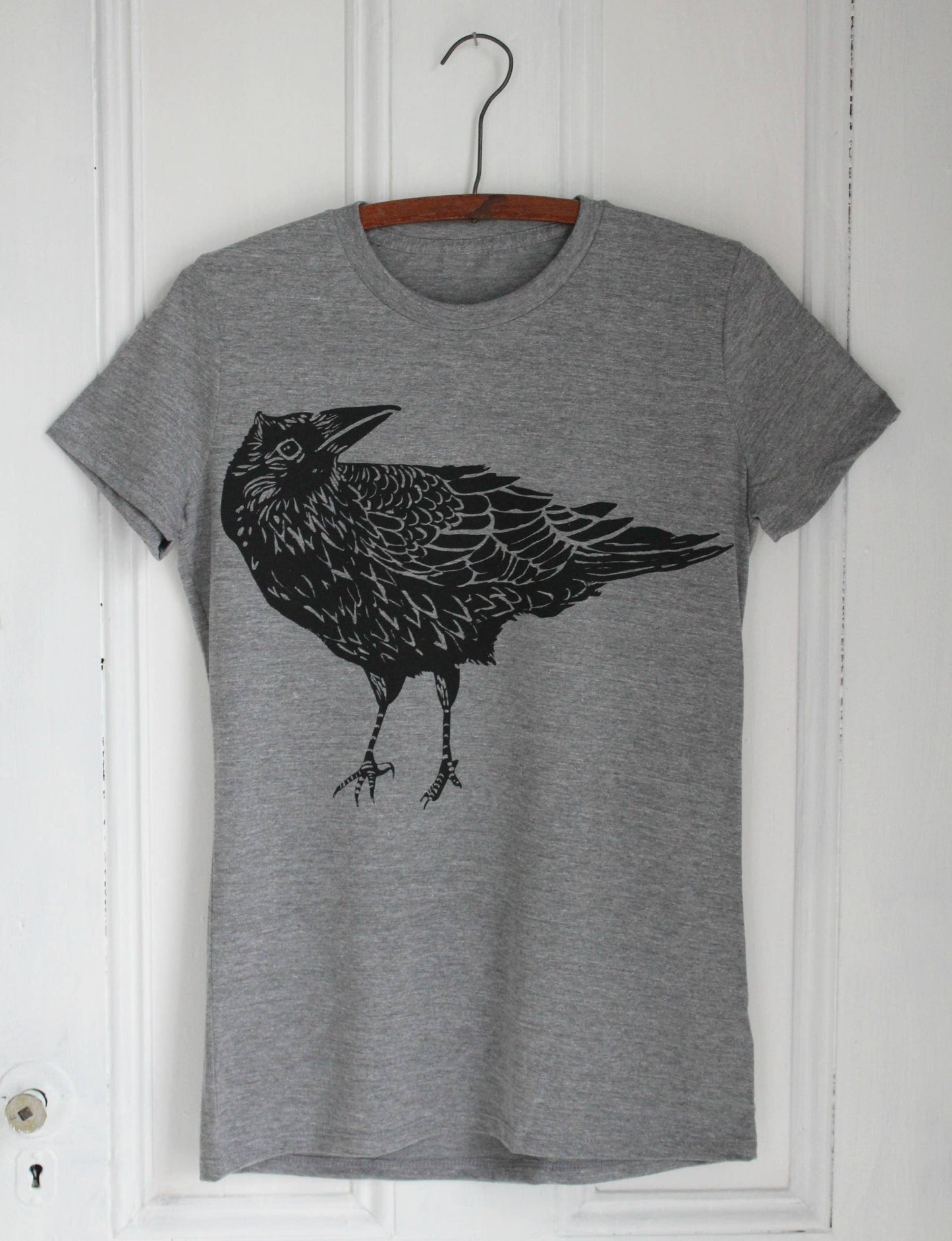 Women's Organic Crow T-Shirt, Black Ink on Grey