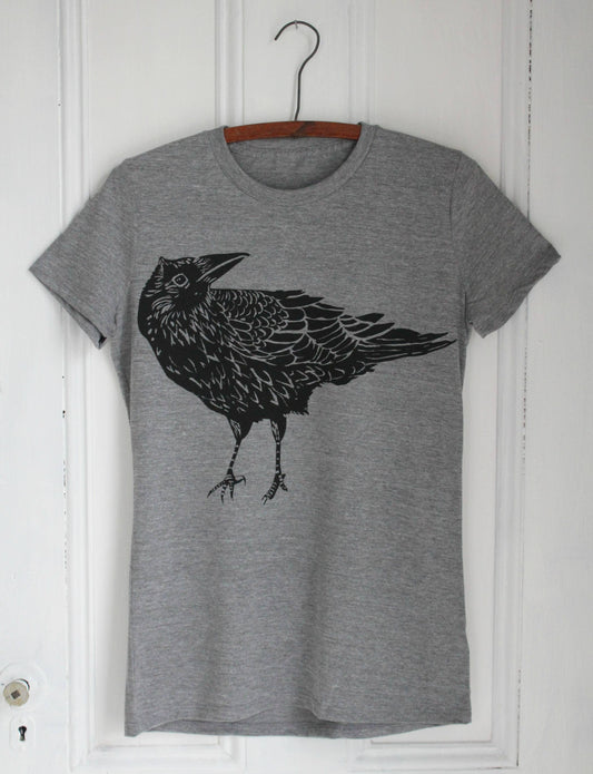 Women's Organic Crow T-Shirt, Black Ink on Grey