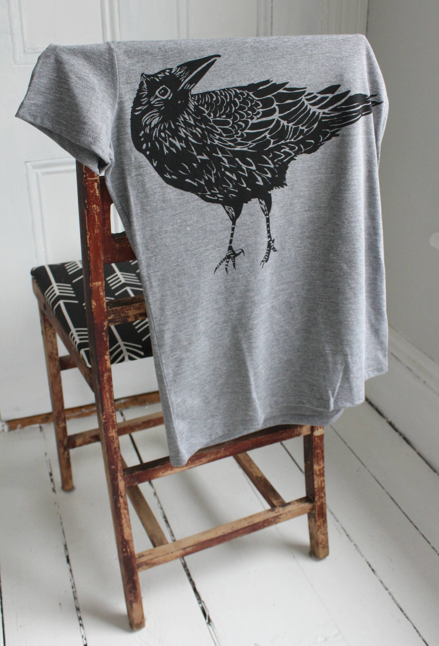Women's Organic Crow T-Shirt, Black Ink on Grey