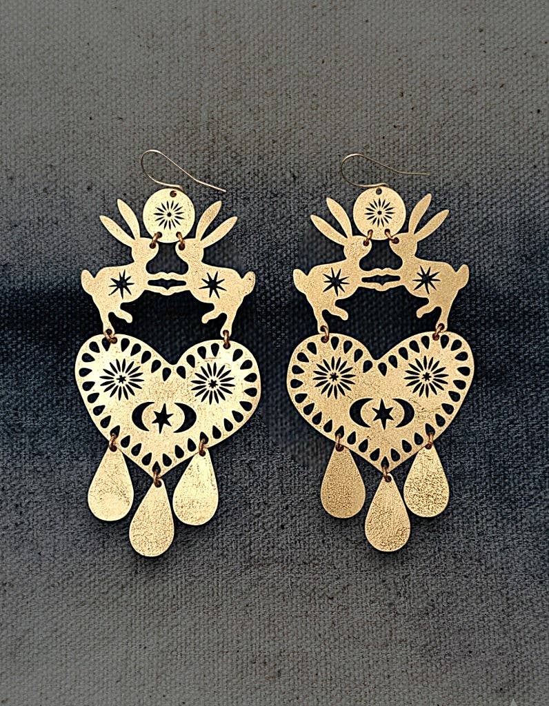 Handmade brass earrings  rabbits heart bohemian statement