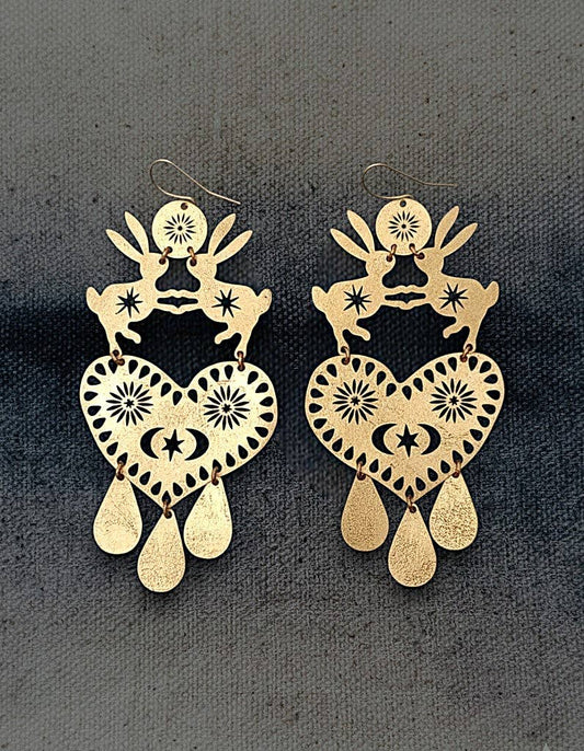Handmade brass earrings  rabbits heart bohemian statement