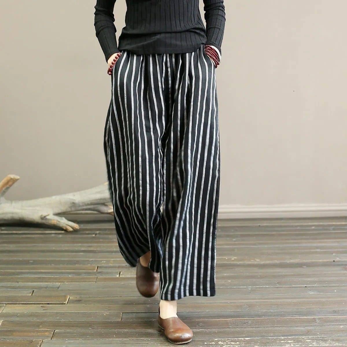 Striped Casual Straight Leg Cropped Trousers