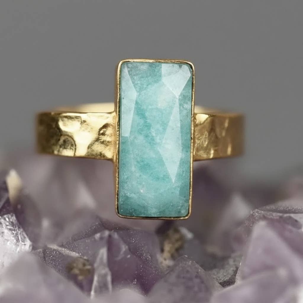 Amazonite  Rectangle Ring on a Hand Hammered Band