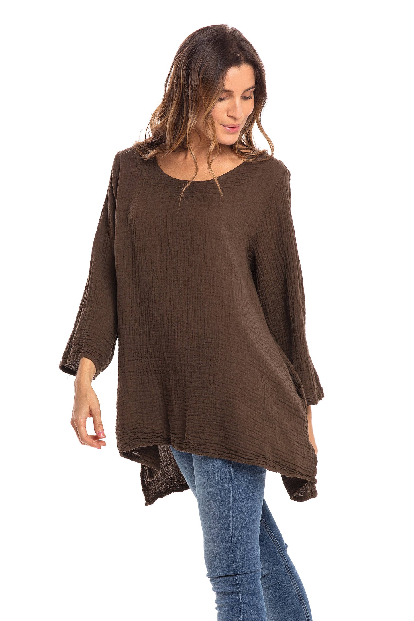 Crinkle Cotton Long Sleeve Tunic-03477 (S/M, L/X, XXL)