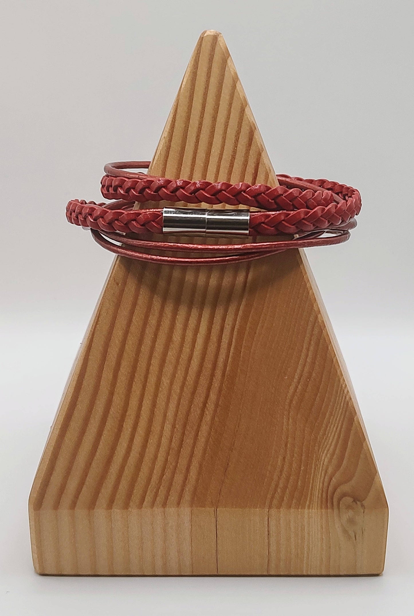 Metallic Red Braided Leather Wrap Bracelet
