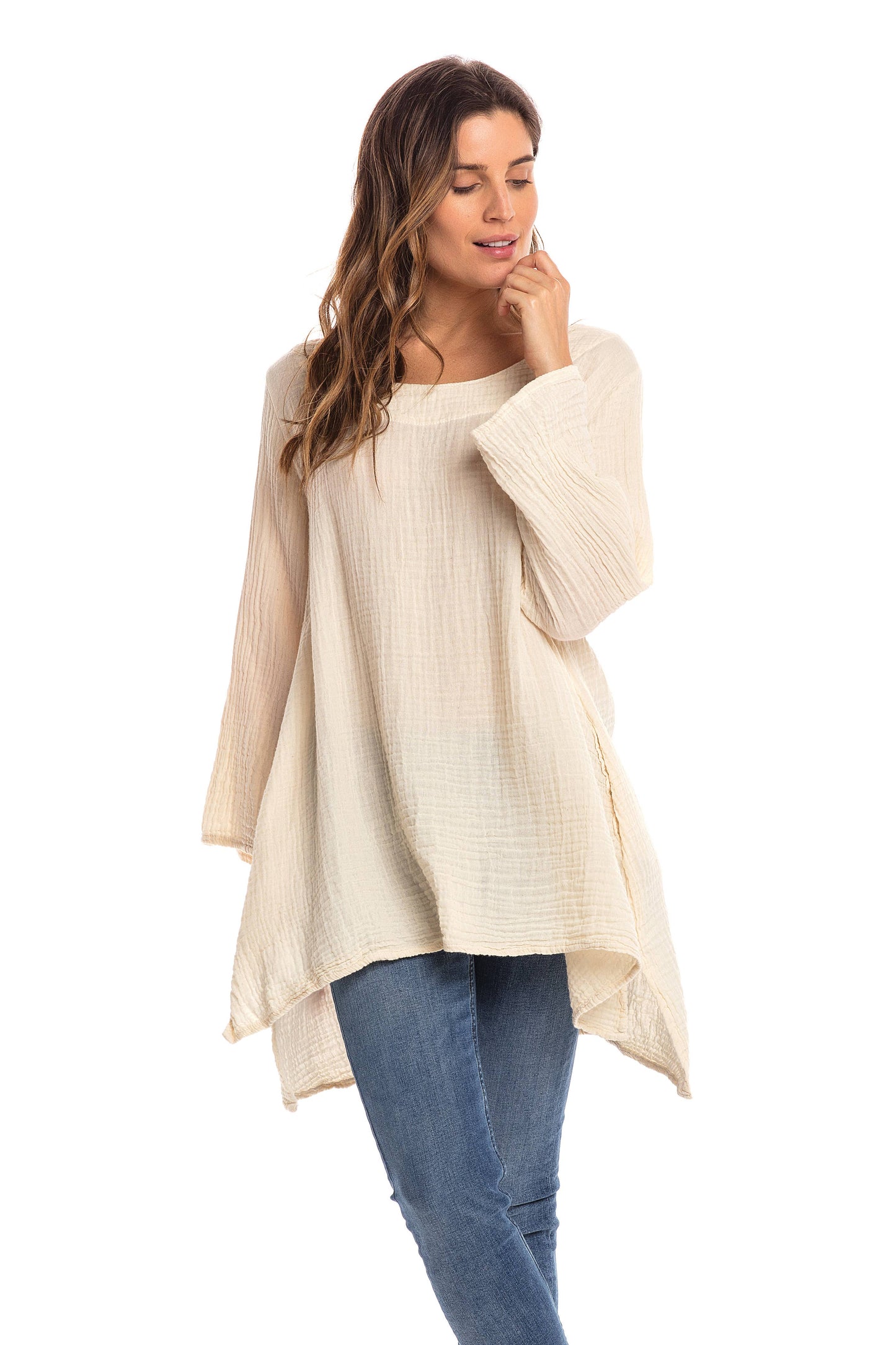 Crinkle Cotton Long Sleeve Tunic-03477 (S/M, L/X, XXL)