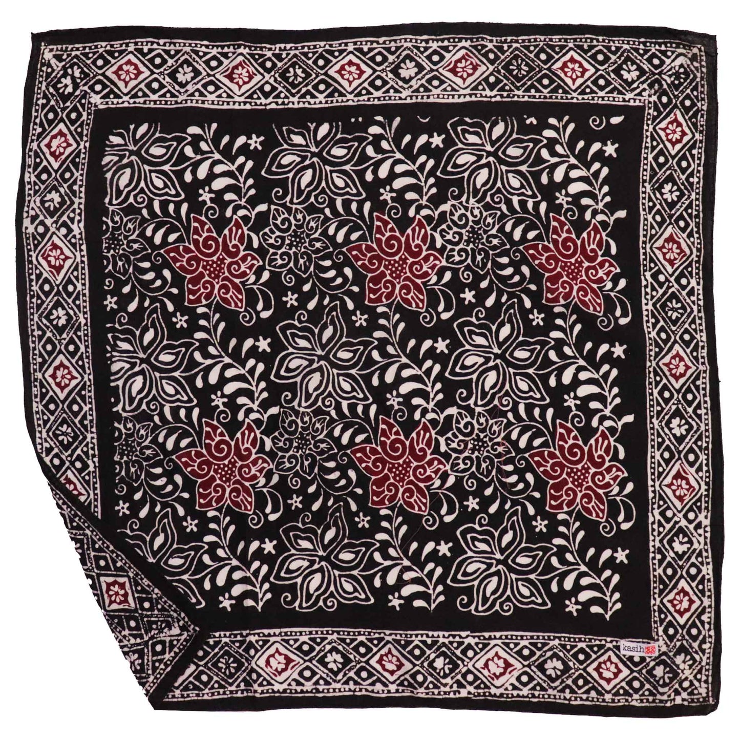 Hand Dyed Batik Bandana Black Red 100% Cotton Stamped Soft