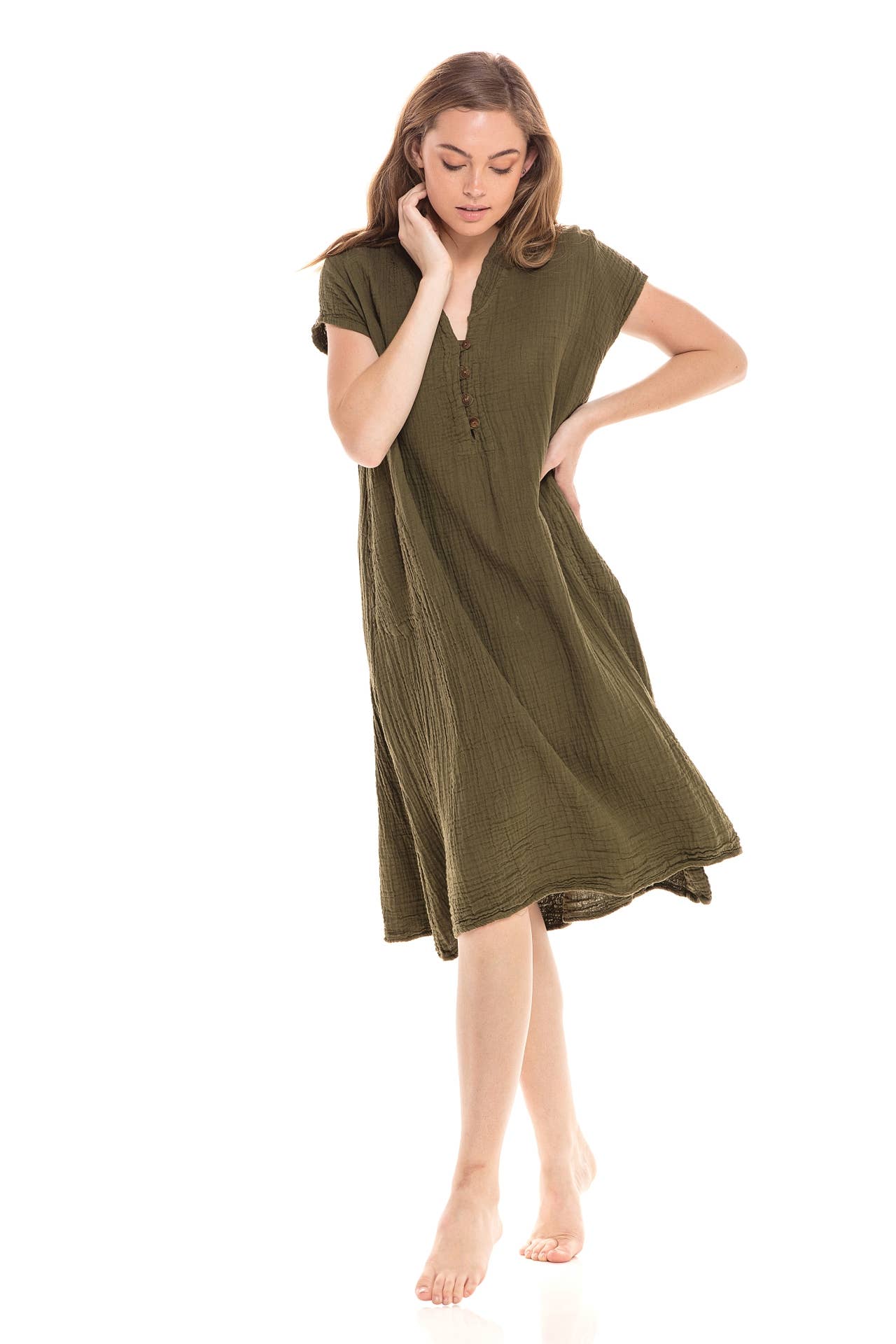 Crinkle Cotton Cap Sleeve V-Neck Dress-04498 (S/M, L/X)