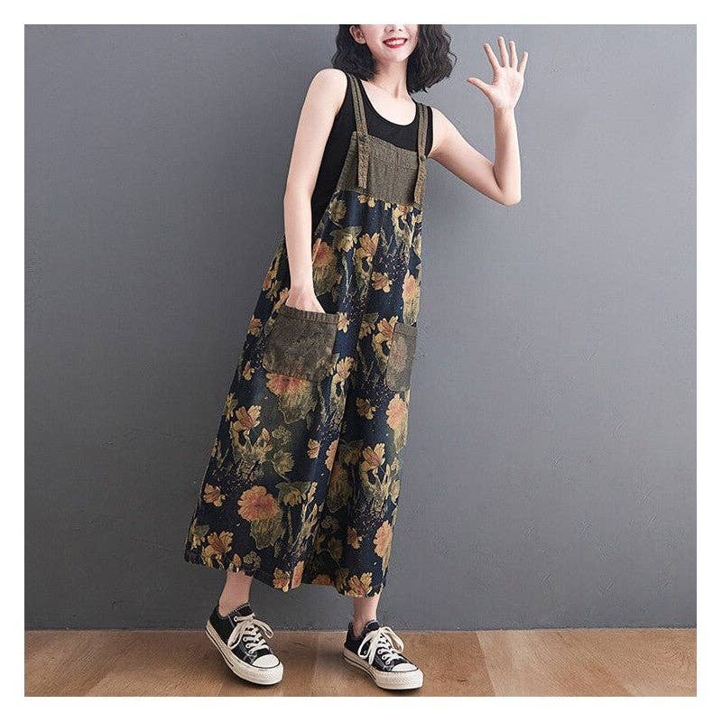 Denim Overall Jumpsuit With Floral Print