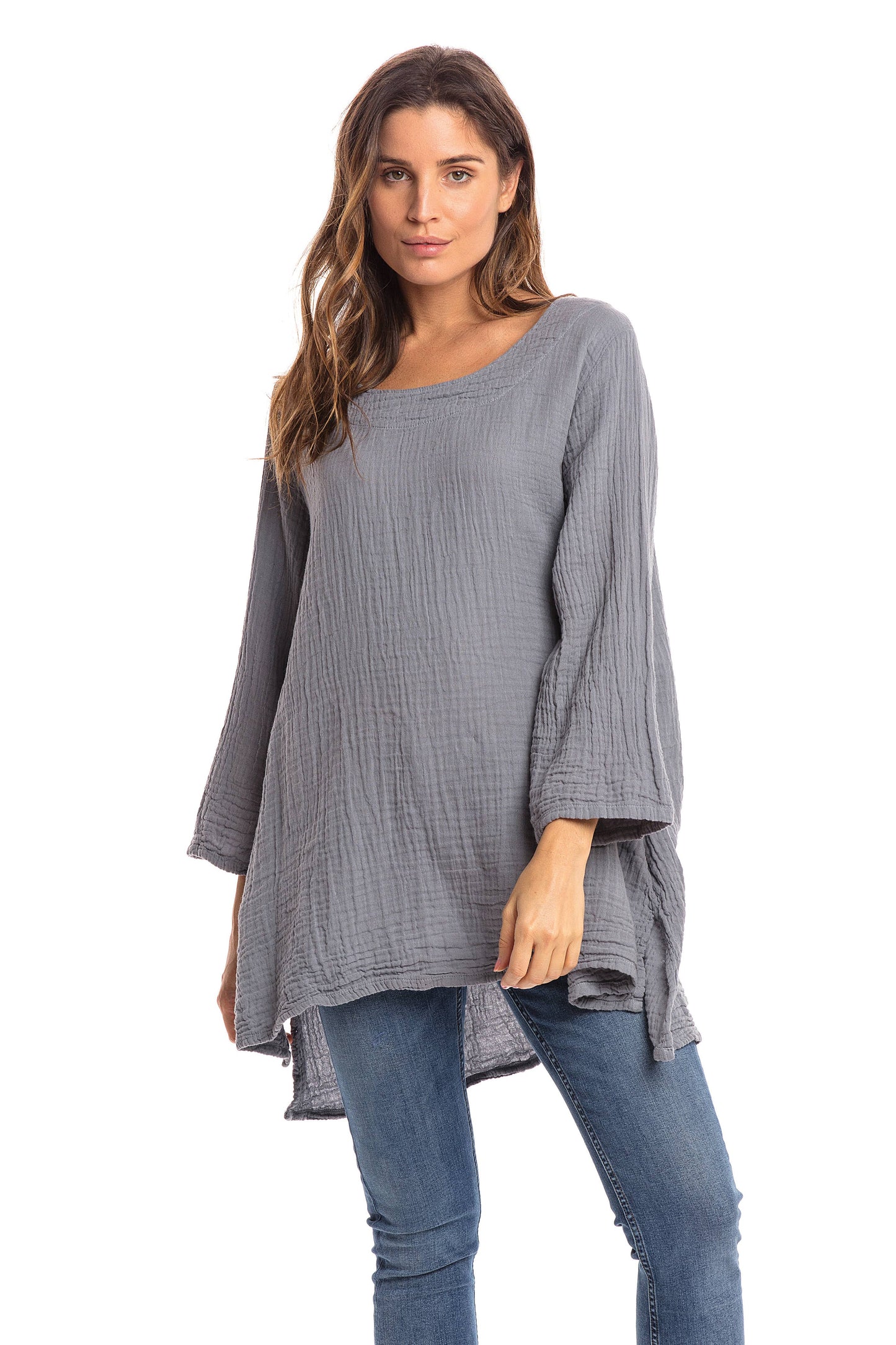 Crinkle Cotton Long Sleeve Tunic-03477 (S/M, L/X, XXL)